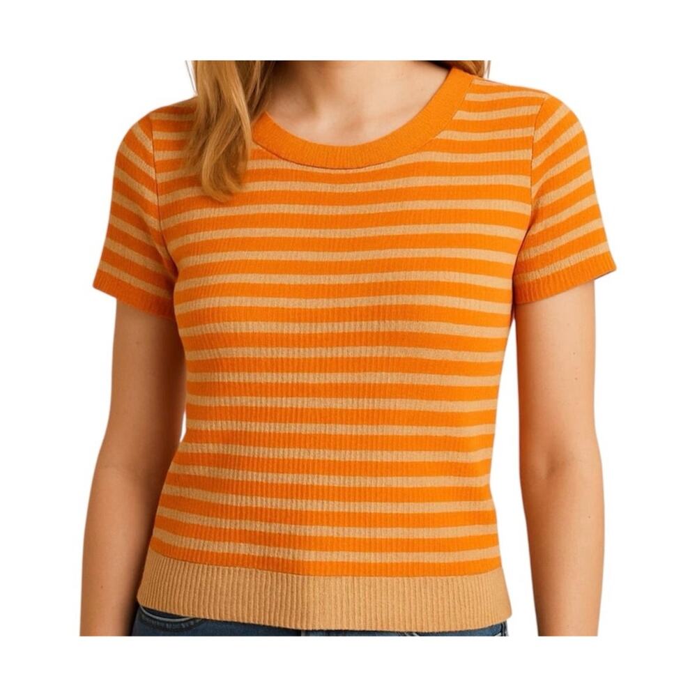 Madewell Ribbed Orange & Khaki Stripe Top Small Bright Modern Minimalist